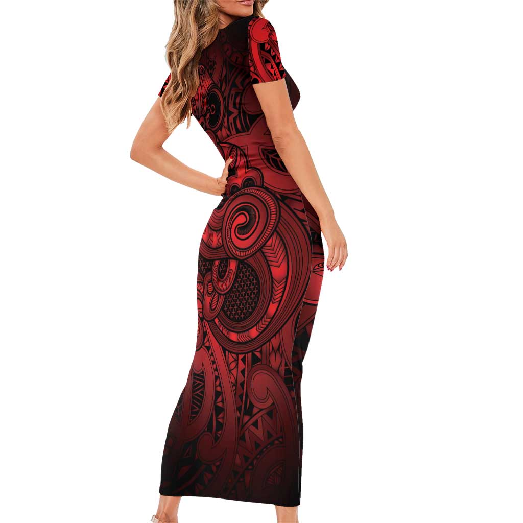 Aotearoa Maori Hei Tiki Short Sleeve Bodycon Dress Whero Kowhaiwhai Puhoro Motif