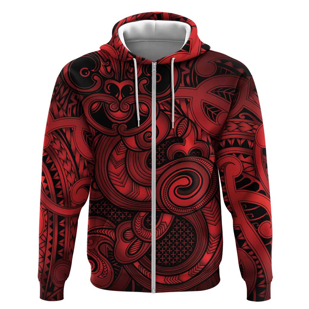 Aotearoa Maori Hei Tiki Zip Hoodie Whero Kowhaiwhai Puhoro Motif