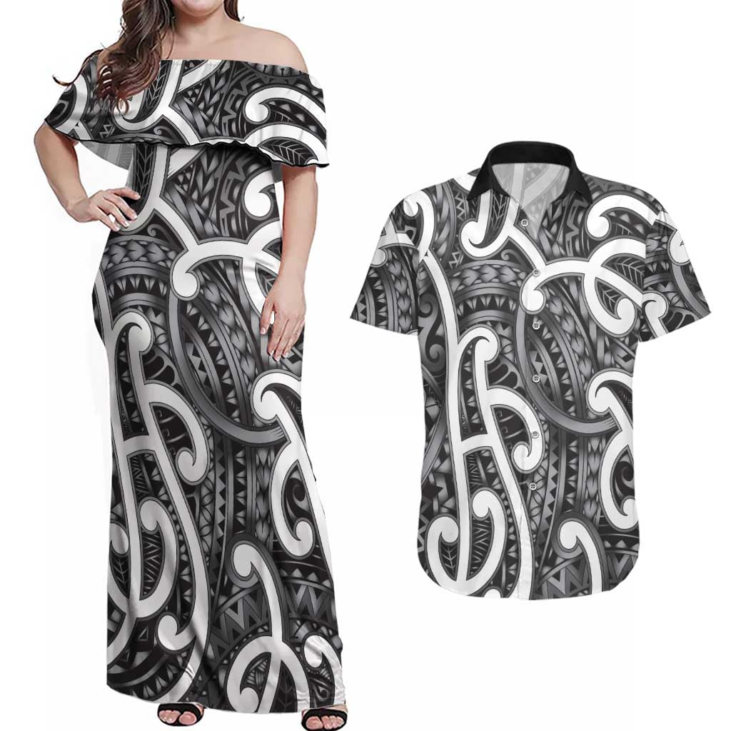 Aotearoa Maori Kowhaiwhai Couples Matching Off Shoulder Maxi Dress and Hawaiian Shirt Kiwikiwi Puhoro and Patiki