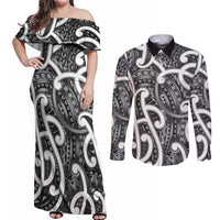 Aotearoa Maori Kowhaiwhai Couples Matching Off Shoulder Maxi Dress and Long Sleeve Button Shirt Kiwikiwi Puhoro and Patiki