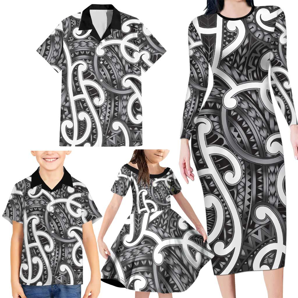 Aotearoa Maori Kowhaiwhai Family Matching Long Sleeve Bodycon Dress and Hawaiian Shirt Kiwikiwi Puhoro and Patiki