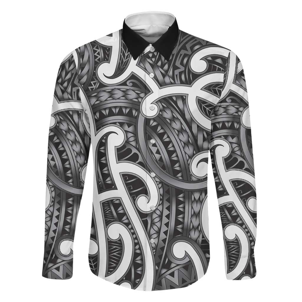 Aotearoa Maori Kowhaiwhai Family Matching Long Sleeve Bodycon Dress and Hawaiian Shirt Kiwikiwi Puhoro and Patiki LT9 Dad's Shirt - Long Sleeve Grey - Polynesian Pride