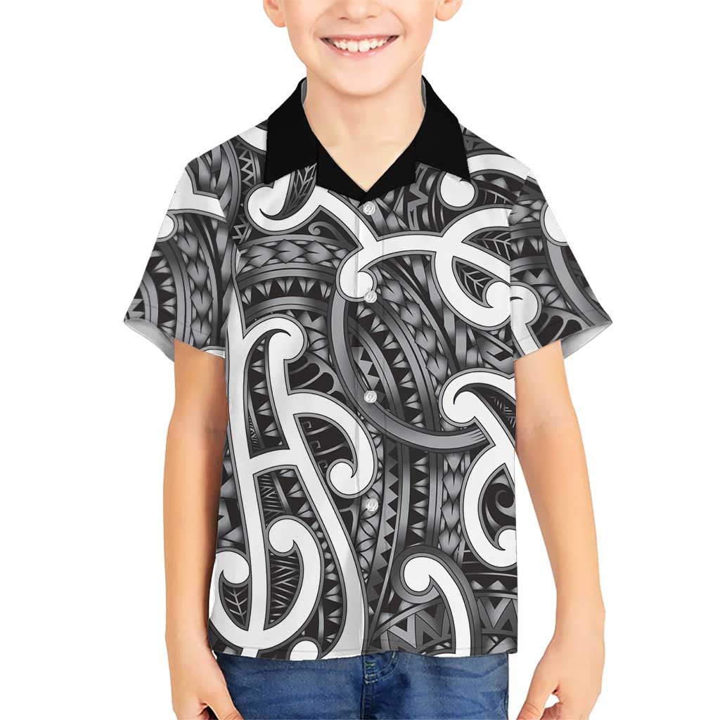 Aotearoa Maori Kowhaiwhai Family Matching Off The Shoulder Long Sleeve Dress and Hawaiian Shirt Kiwikiwi Puhoro and Patiki LT9 Son's Shirt Grey - Polynesian Pride