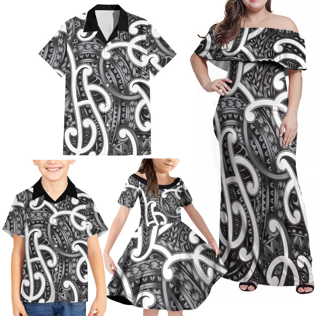 Aotearoa Maori Kowhaiwhai Family Matching Off Shoulder Maxi Dress and Hawaiian Shirt Kiwikiwi Puhoro and Patiki