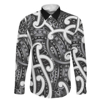 Aotearoa Maori Kowhaiwhai Family Matching Summer Maxi Dress and Hawaiian Shirt Kiwikiwi Puhoro and Patiki LT9 Dad's Shirt - Long Sleeve Grey - Polynesian Pride