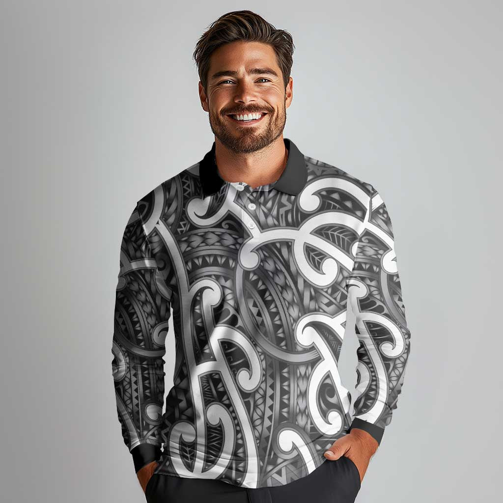 Aotearoa Maori Kowhaiwhai Long Sleeve Polo Shirt Kiwikiwi Puhoro and Patiki