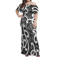 Aotearoa Maori Kowhaiwhai Off Shoulder Maxi Dress Kiwikiwi Puhoro and Patiki