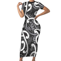 Aotearoa Maori Kowhaiwhai Short Sleeve Bodycon Dress Kiwikiwi Puhoro and Patiki