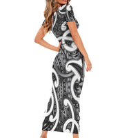Aotearoa Maori Kowhaiwhai Short Sleeve Bodycon Dress Kiwikiwi Puhoro and Patiki