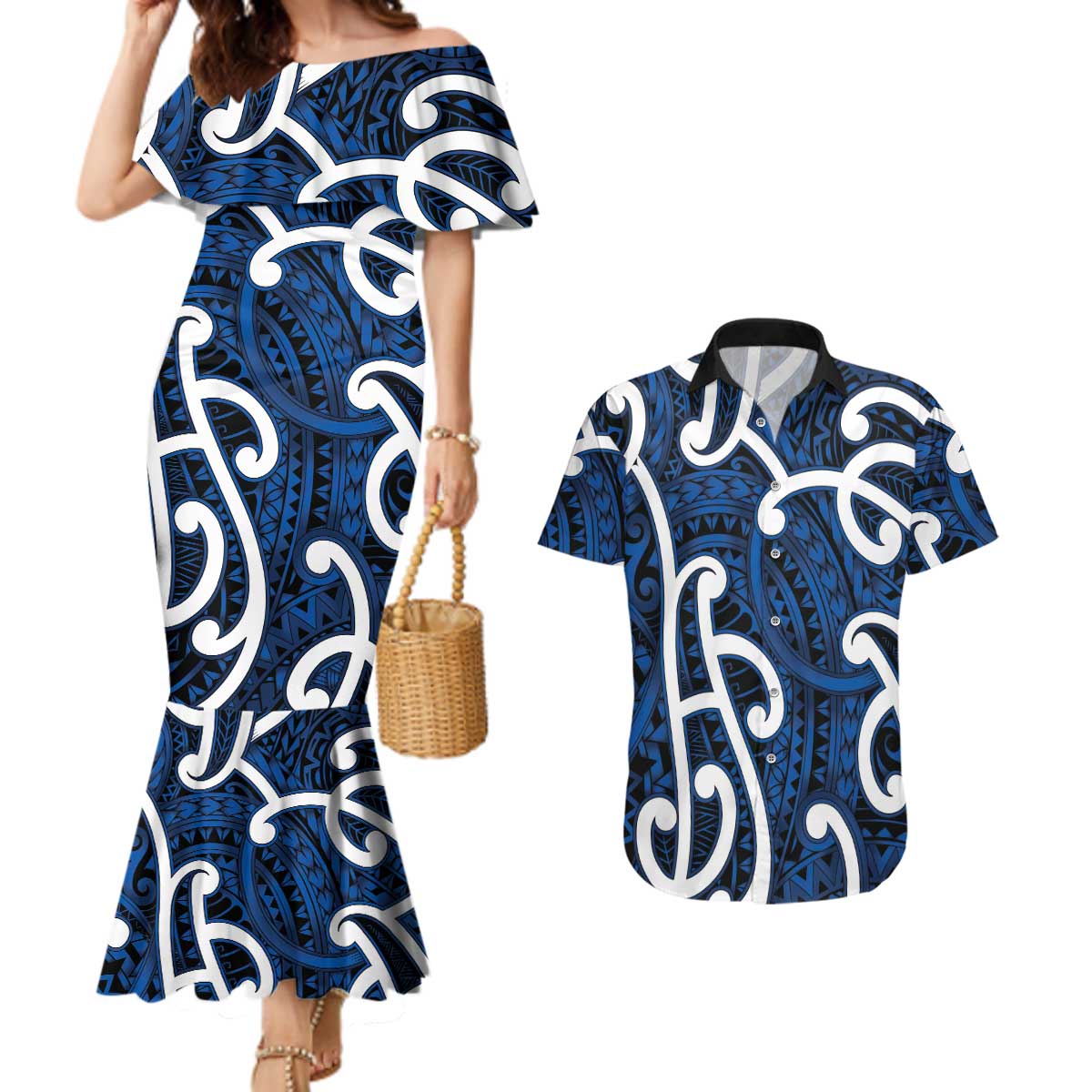 Aotearoa Maori Kowhaiwhai Couples Matching Mermaid Dress and Hawaiian Shirt Kikorangi Puhoro and Patiki