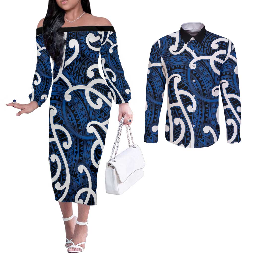 Aotearoa Maori Kowhaiwhai Couples Matching Off The Shoulder Long Sleeve Dress and Long Sleeve Button Shirt Kikorangi Puhoro and Patiki