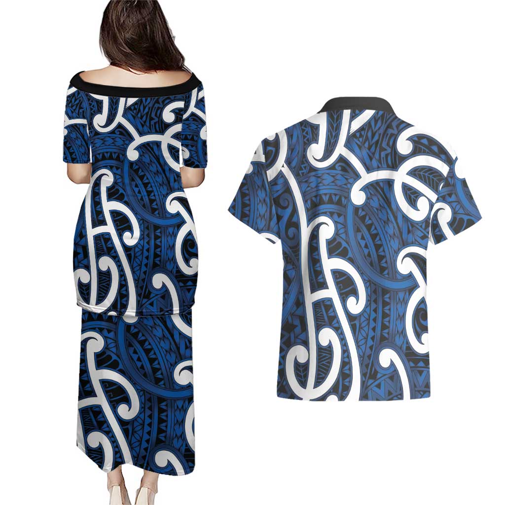 Aotearoa Maori Kowhaiwhai Couples Matching Puletasi and Hawaiian Shirt Kikorangi Puhoro and Patiki