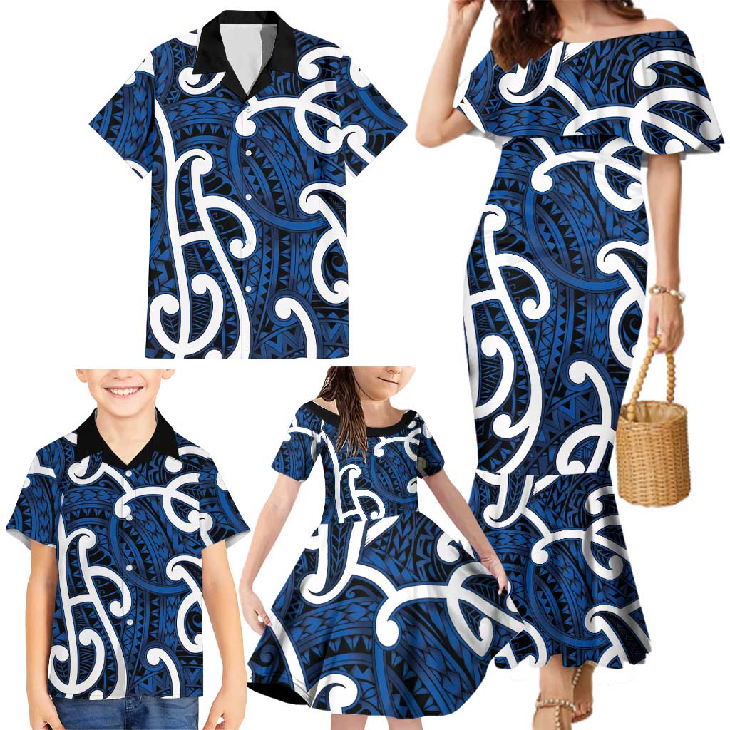 Aotearoa Maori Kowhaiwhai Family Matching Mermaid Dress and Hawaiian Shirt Kikorangi Puhoro and Patiki