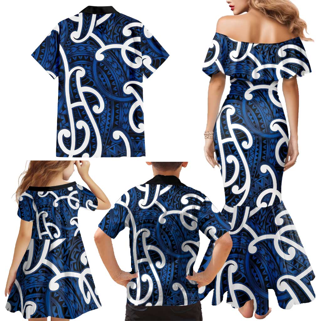 Aotearoa Maori Kowhaiwhai Family Matching Mermaid Dress and Hawaiian Shirt Kikorangi Puhoro and Patiki