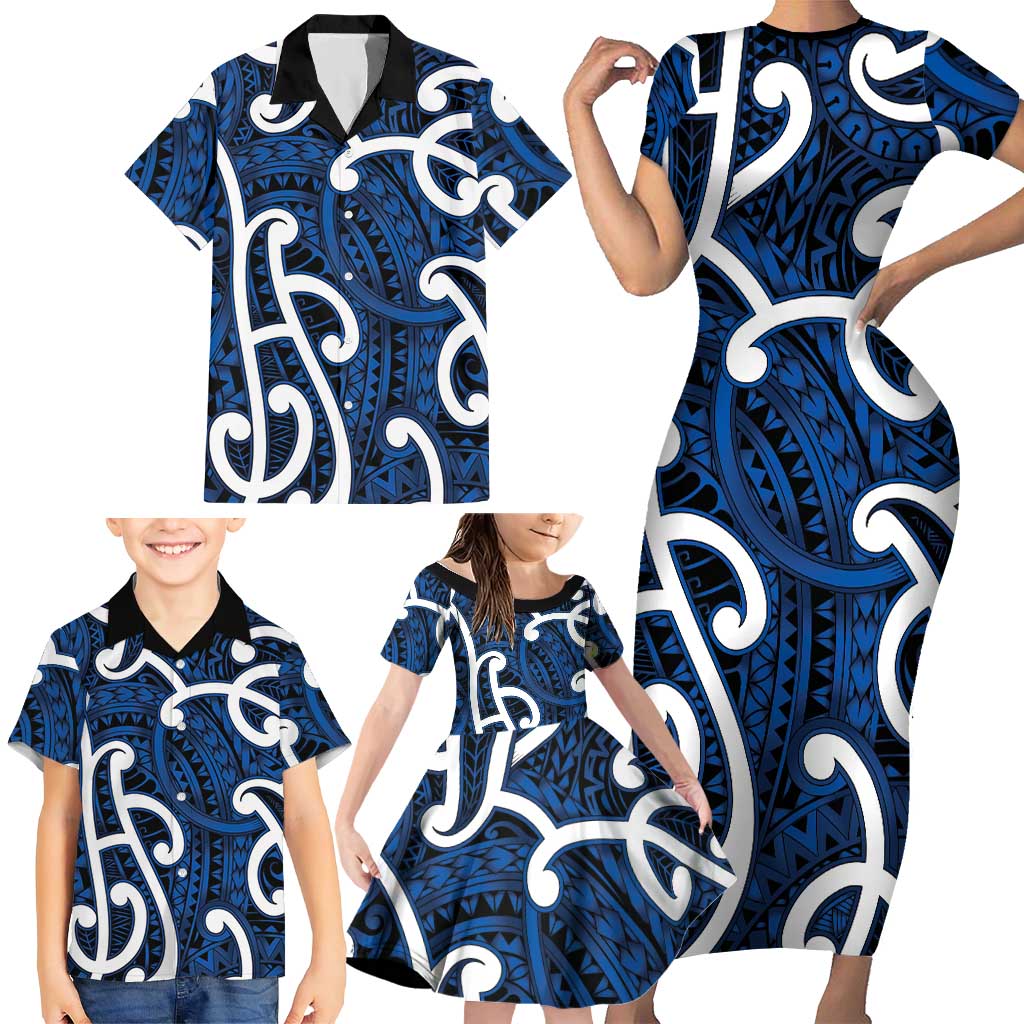 Aotearoa Maori Kowhaiwhai Family Matching Short Sleeve Bodycon Dress and Hawaiian Shirt Kikorangi Puhoro and Patiki