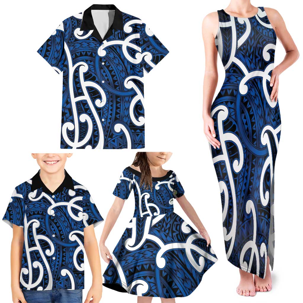 Aotearoa Maori Kowhaiwhai Family Matching Tank Maxi Dress and Hawaiian Shirt Kikorangi Puhoro and Patiki