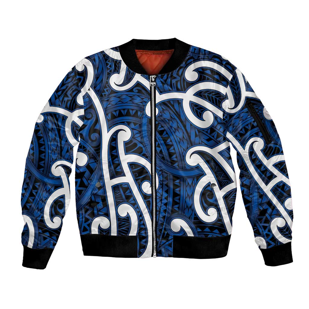 Aotearoa Maori Kowhaiwhai Sleeve Zip Bomber Jacket Kikorangi Puhoro and Patiki