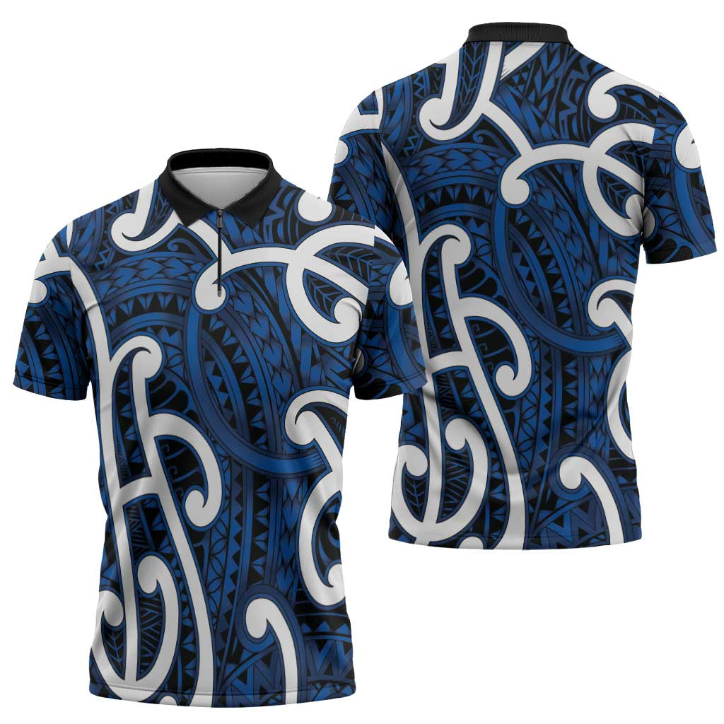Aotearoa Maori Kowhaiwhai Zipper Polo Shirt Kikorangi Puhoro and Patiki