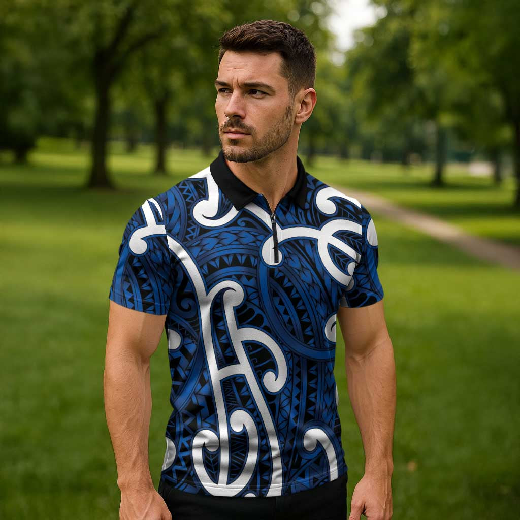 Aotearoa Maori Kowhaiwhai Zipper Polo Shirt Kikorangi Puhoro and Patiki