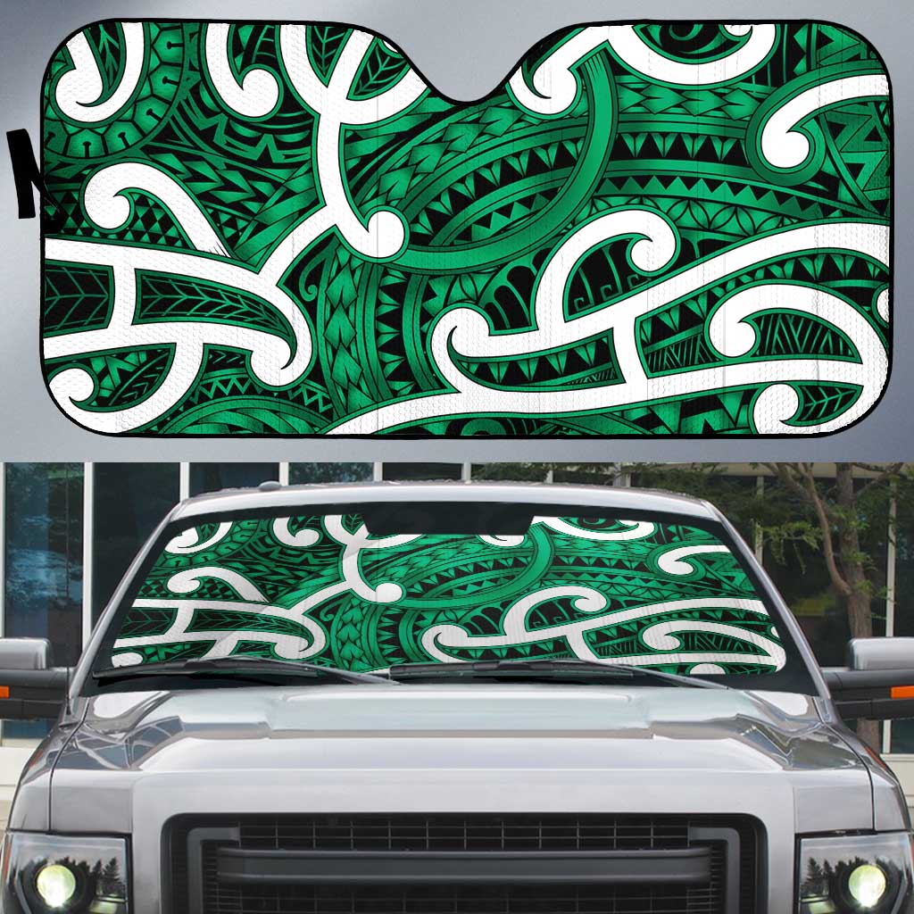 Aotearoa Maori Kowhaiwhai Auto Sun Shade Kakariki Puhoro and Patiki