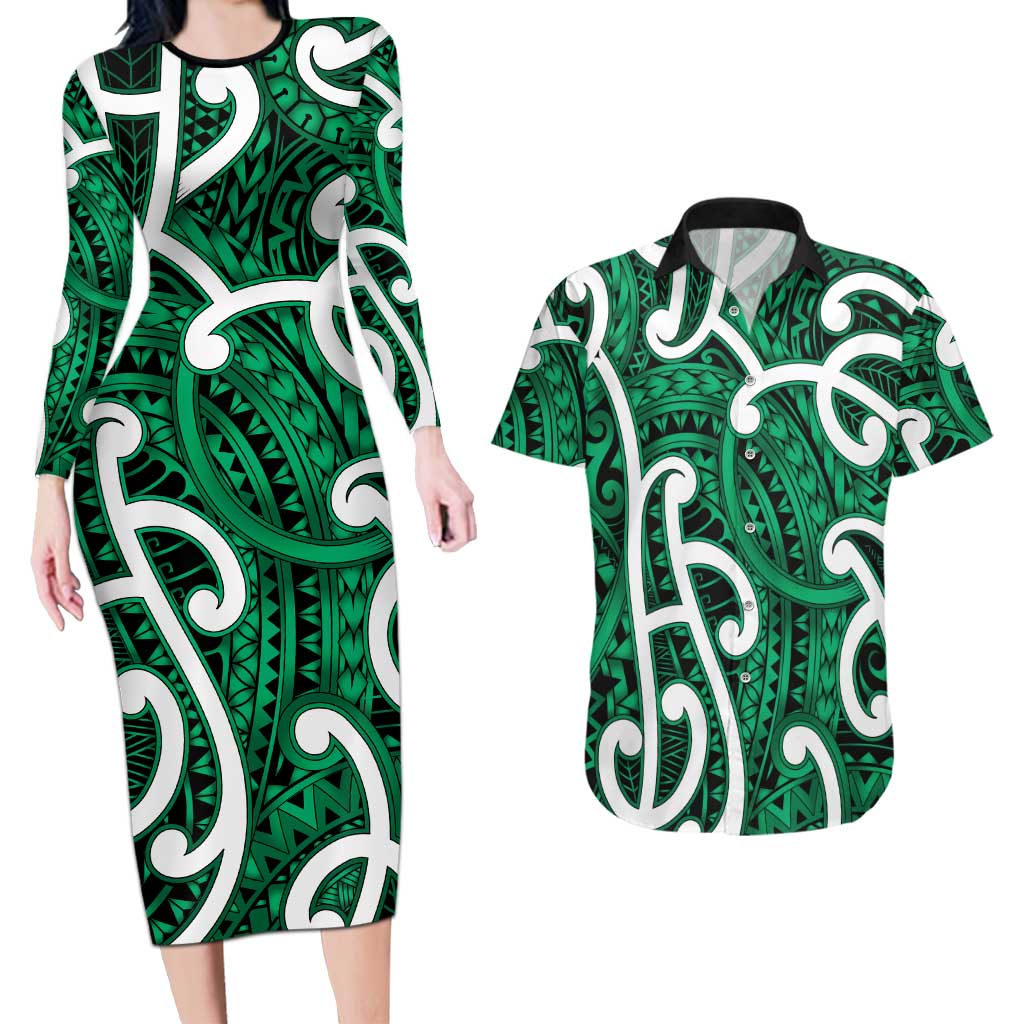 Aotearoa Maori Kowhaiwhai Couples Matching Long Sleeve Bodycon Dress and Hawaiian Shirt Kakariki Puhoro and Patiki