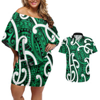 Aotearoa Maori Kowhaiwhai Couples Matching Off Shoulder Short Dress and Hawaiian Shirt Kakariki Puhoro and Patiki