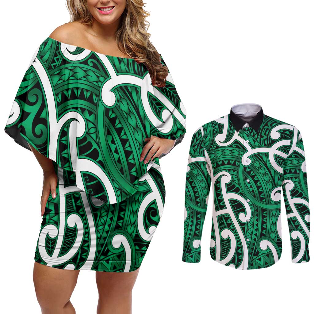 Aotearoa Maori Kowhaiwhai Couples Matching Off Shoulder Short Dress and Long Sleeve Button Shirt Kakariki Puhoro and Patiki
