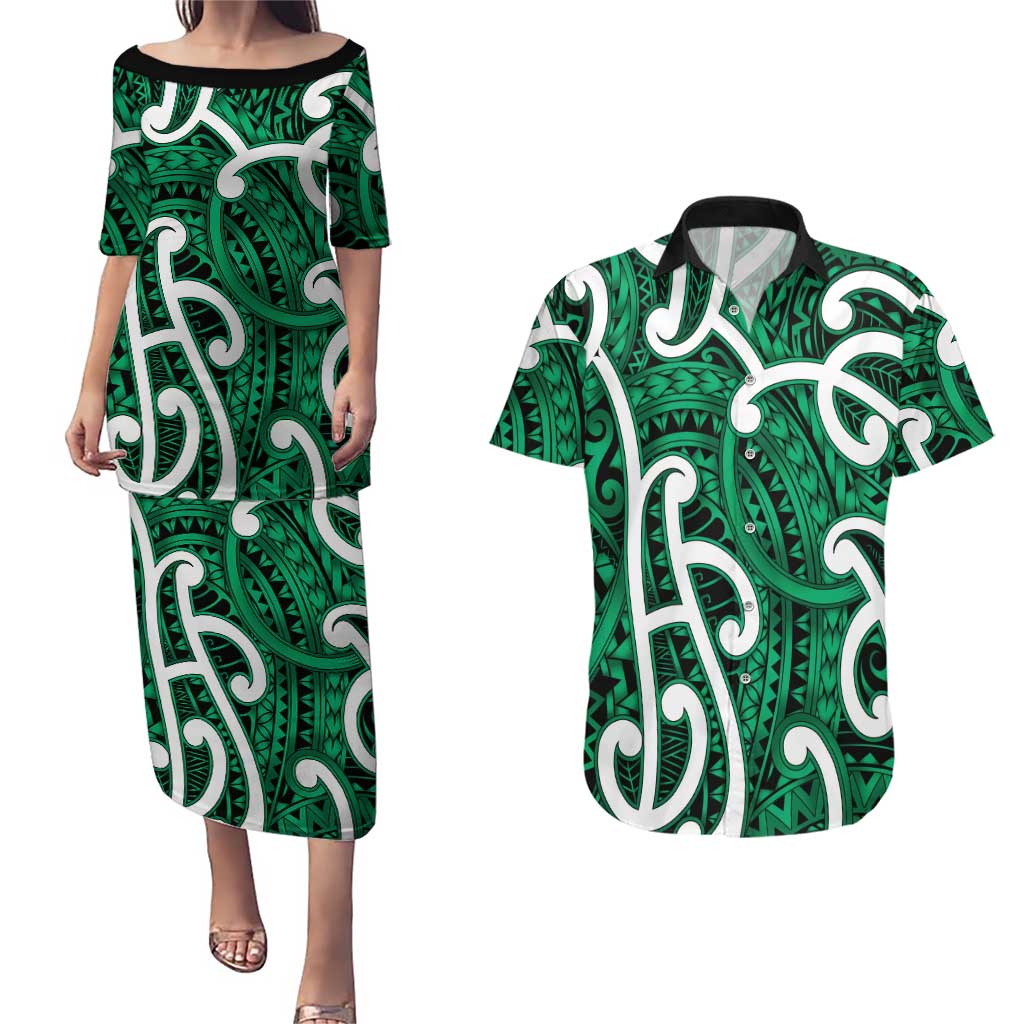 Aotearoa Maori Kowhaiwhai Couples Matching Puletasi and Hawaiian Shirt Kakariki Puhoro and Patiki