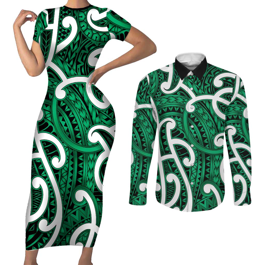 Aotearoa Maori Kowhaiwhai Couples Matching Short Sleeve Bodycon Dress and Long Sleeve Button Shirt Kakariki Puhoro and Patiki