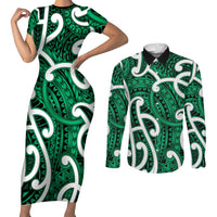 Aotearoa Maori Kowhaiwhai Couples Matching Short Sleeve Bodycon Dress and Long Sleeve Button Shirt Kakariki Puhoro and Patiki
