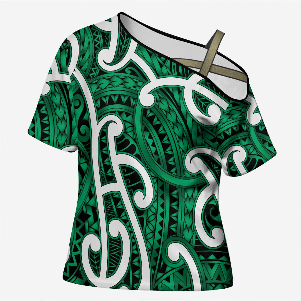 Aotearoa Maori Kowhaiwhai Cross Shoulder Shirt Kakariki Puhoro and Patiki