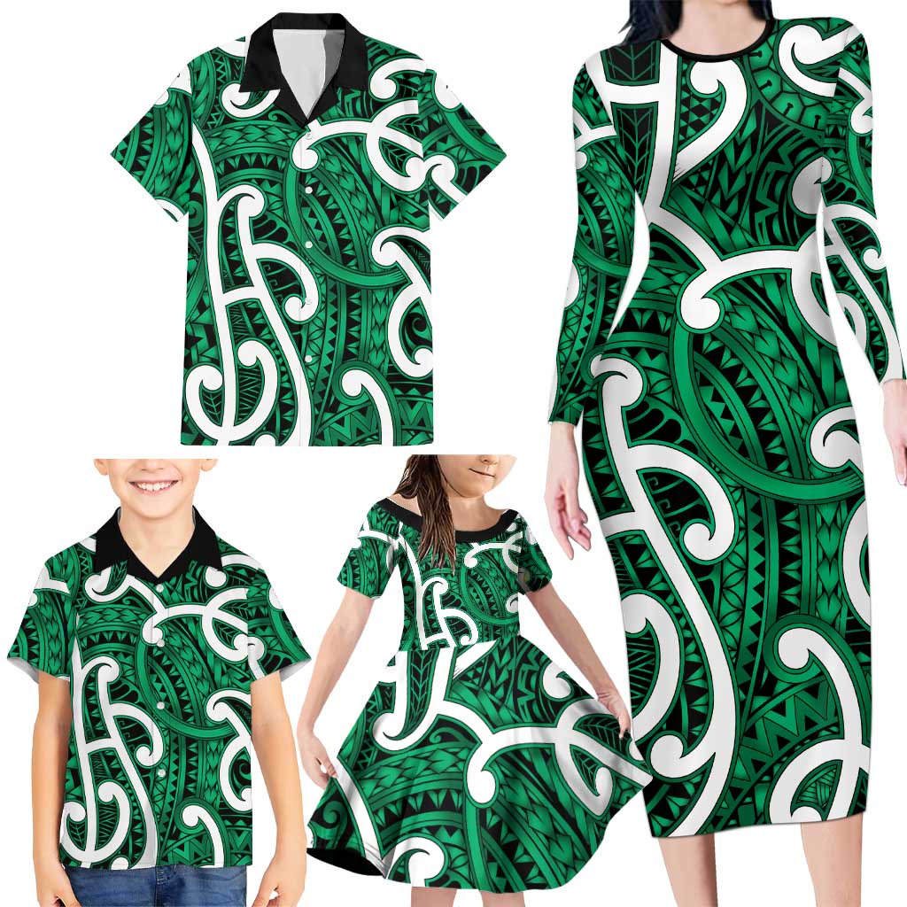 Aotearoa Maori Kowhaiwhai Family Matching Long Sleeve Bodycon Dress and Hawaiian Shirt Kakariki Puhoro and Patiki