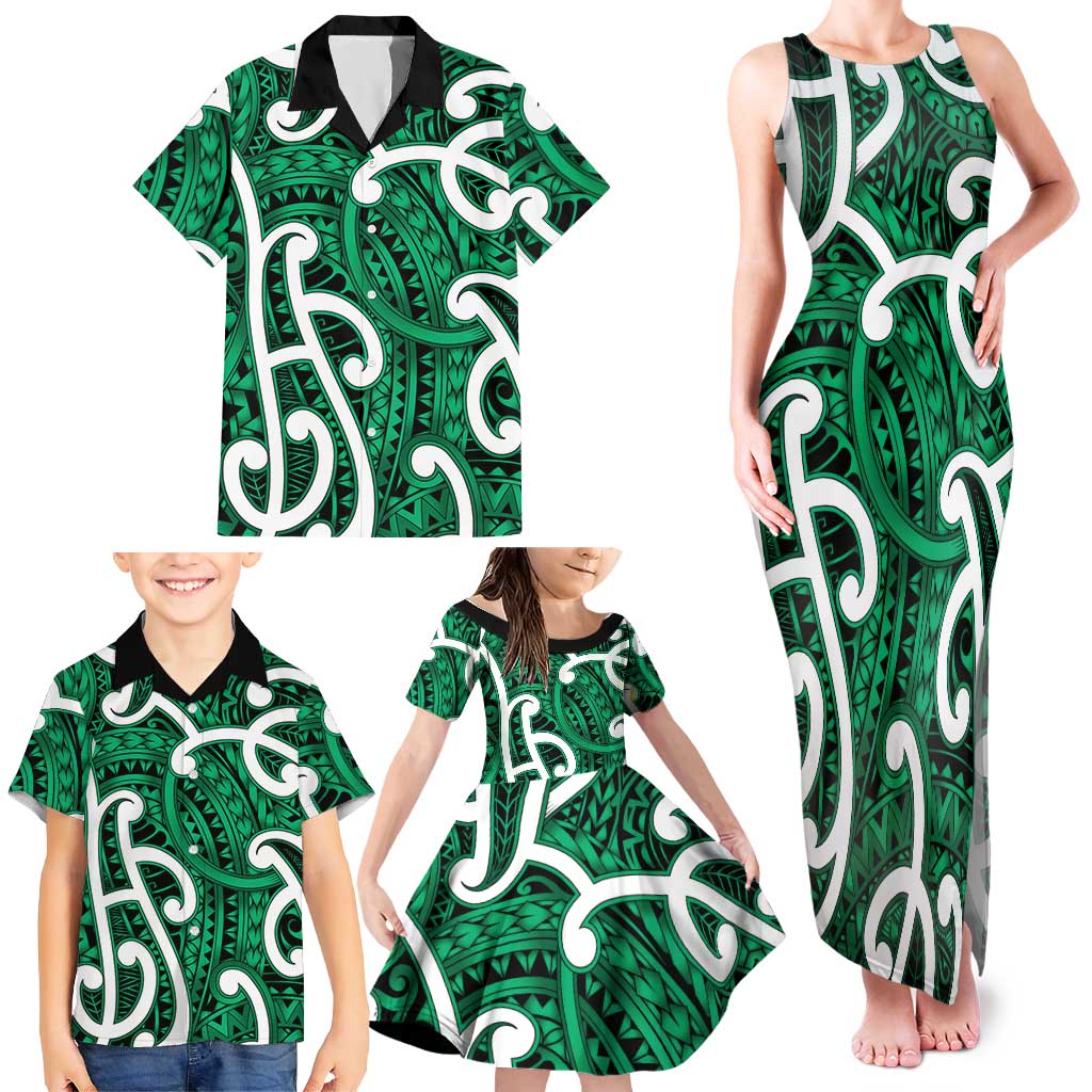 Aotearoa Maori Kowhaiwhai Family Matching Tank Maxi Dress and Hawaiian Shirt Kakariki Puhoro and Patiki