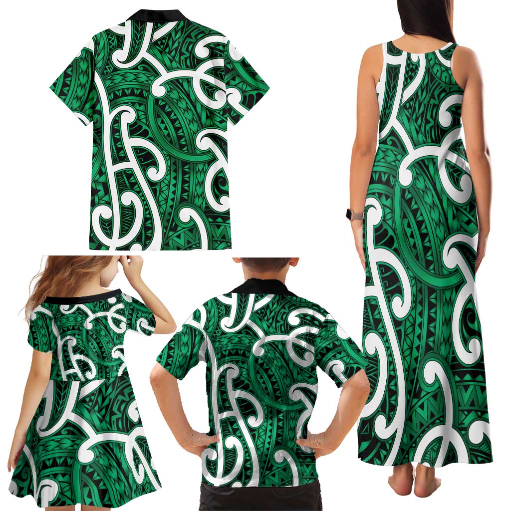 Aotearoa Maori Kowhaiwhai Family Matching Tank Maxi Dress and Hawaiian Shirt Kakariki Puhoro and Patiki