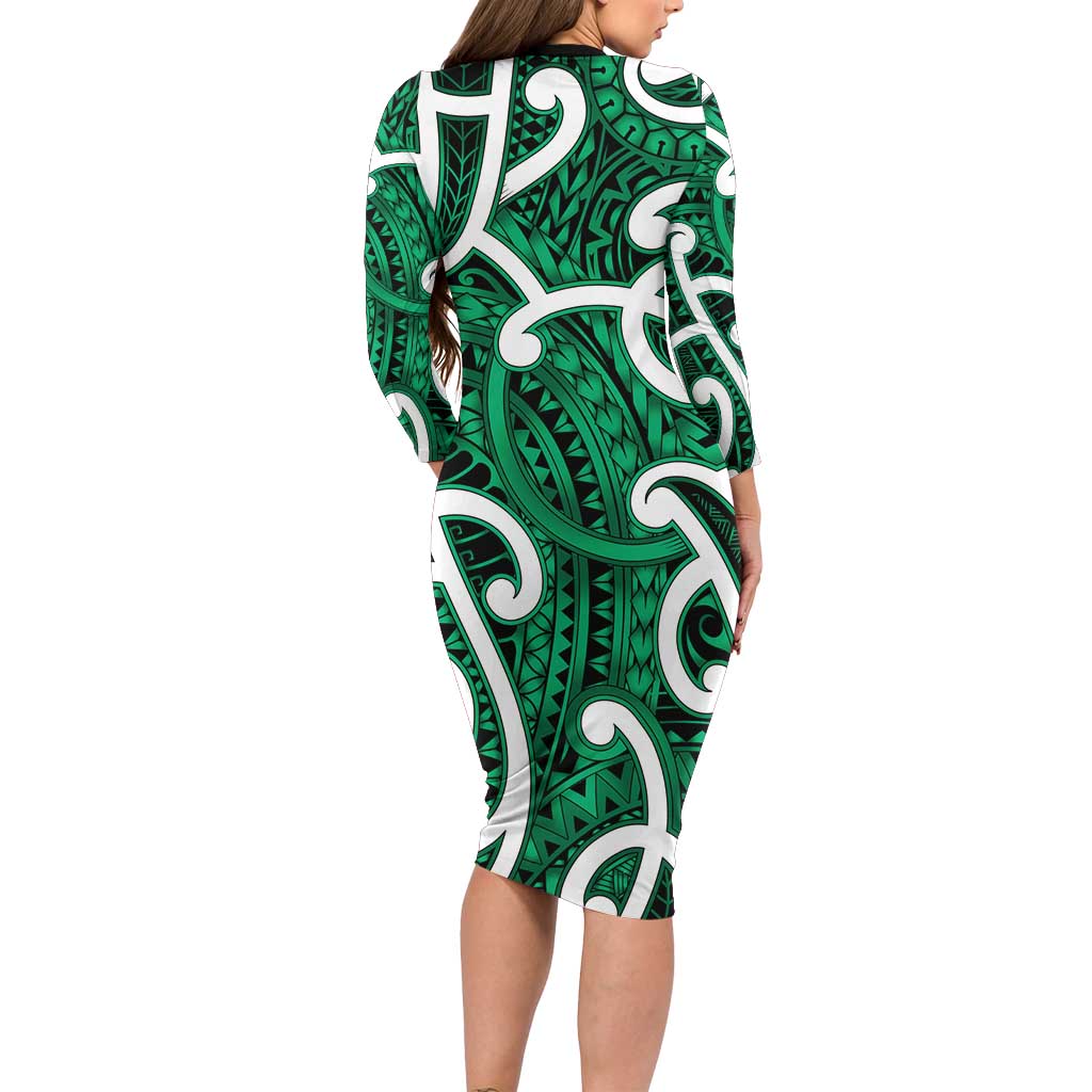 Aotearoa Maori Kowhaiwhai Long Sleeve Bodycon Dress Kakariki Puhoro and Patiki