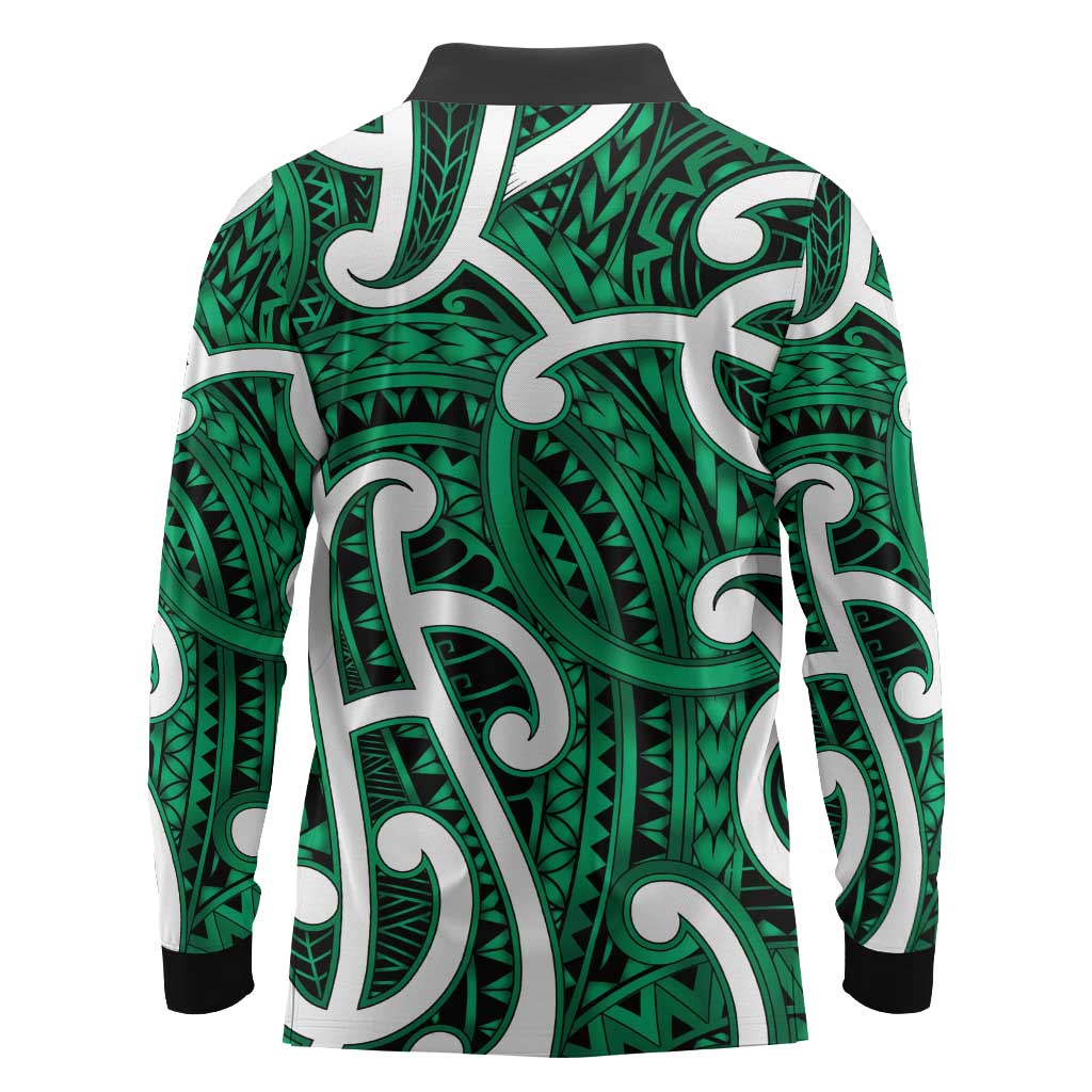 Aotearoa Maori Kowhaiwhai Long Sleeve Polo Shirt Kakariki Puhoro and Patiki