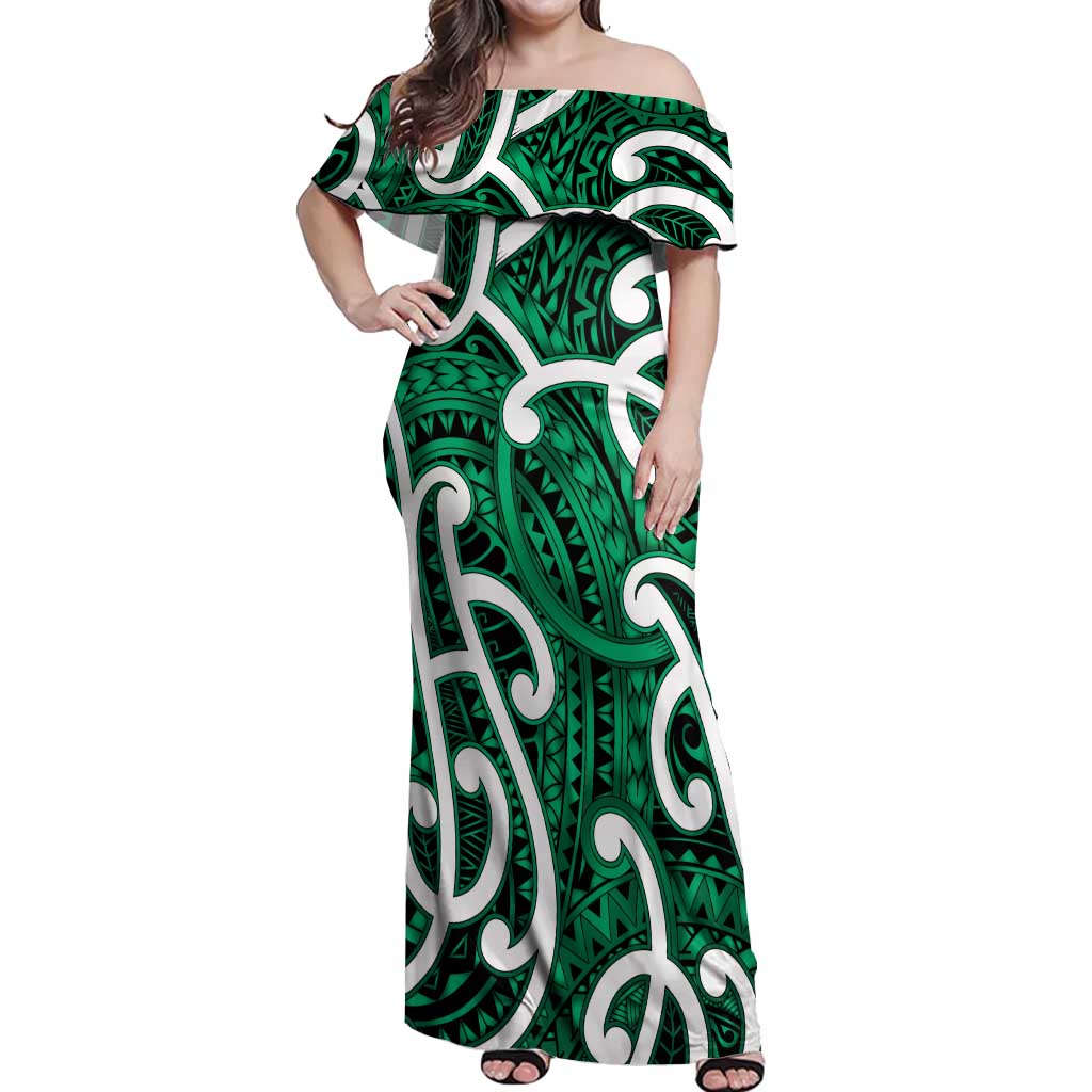 Aotearoa Maori Kowhaiwhai Off Shoulder Maxi Dress Kakariki Puhoro and Patiki