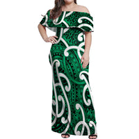 Aotearoa Maori Kowhaiwhai Off Shoulder Maxi Dress Kakariki Puhoro and Patiki