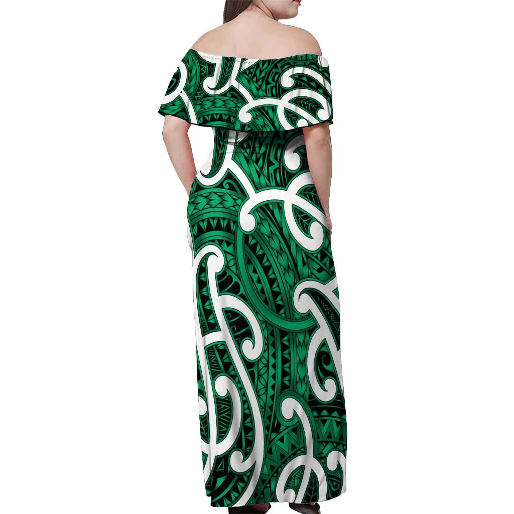 Aotearoa Maori Kowhaiwhai Off Shoulder Maxi Dress Kakariki Puhoro and Patiki