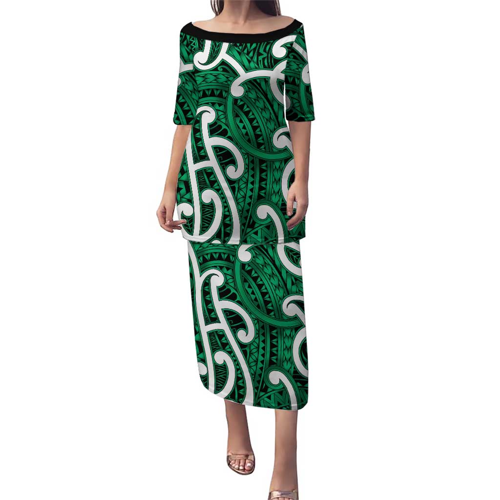 Aotearoa Maori Kowhaiwhai Puletasi Kakariki Puhoro and Patiki LT9 Long Dress Green - Polynesian Pride