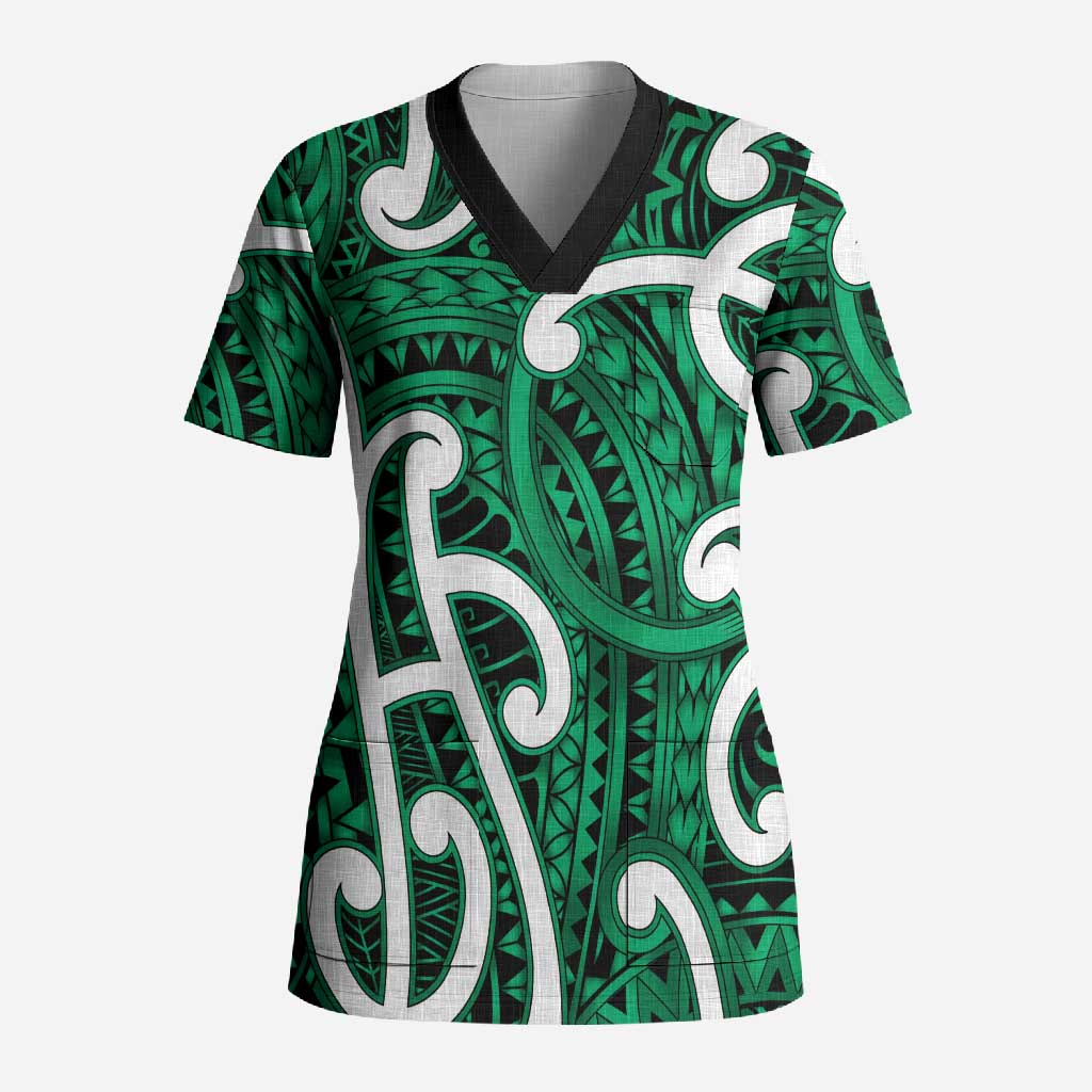 Aotearoa Maori Kowhaiwhai Scrub Top Kakariki Puhoro and Patiki
