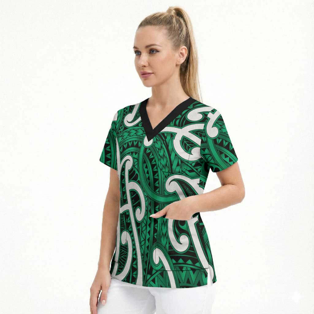 Aotearoa Maori Kowhaiwhai Scrub Top Kakariki Puhoro and Patiki