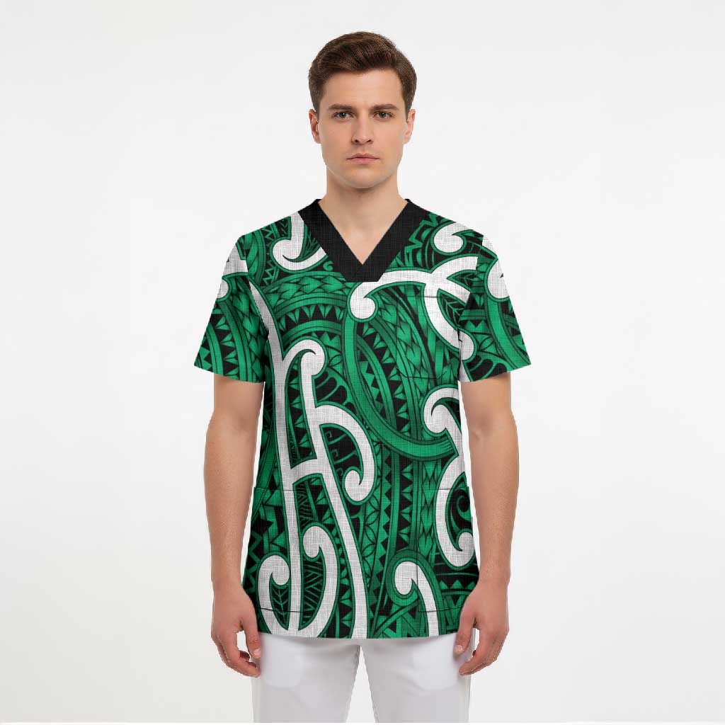 Aotearoa Maori Kowhaiwhai Scrub Top Kakariki Puhoro and Patiki