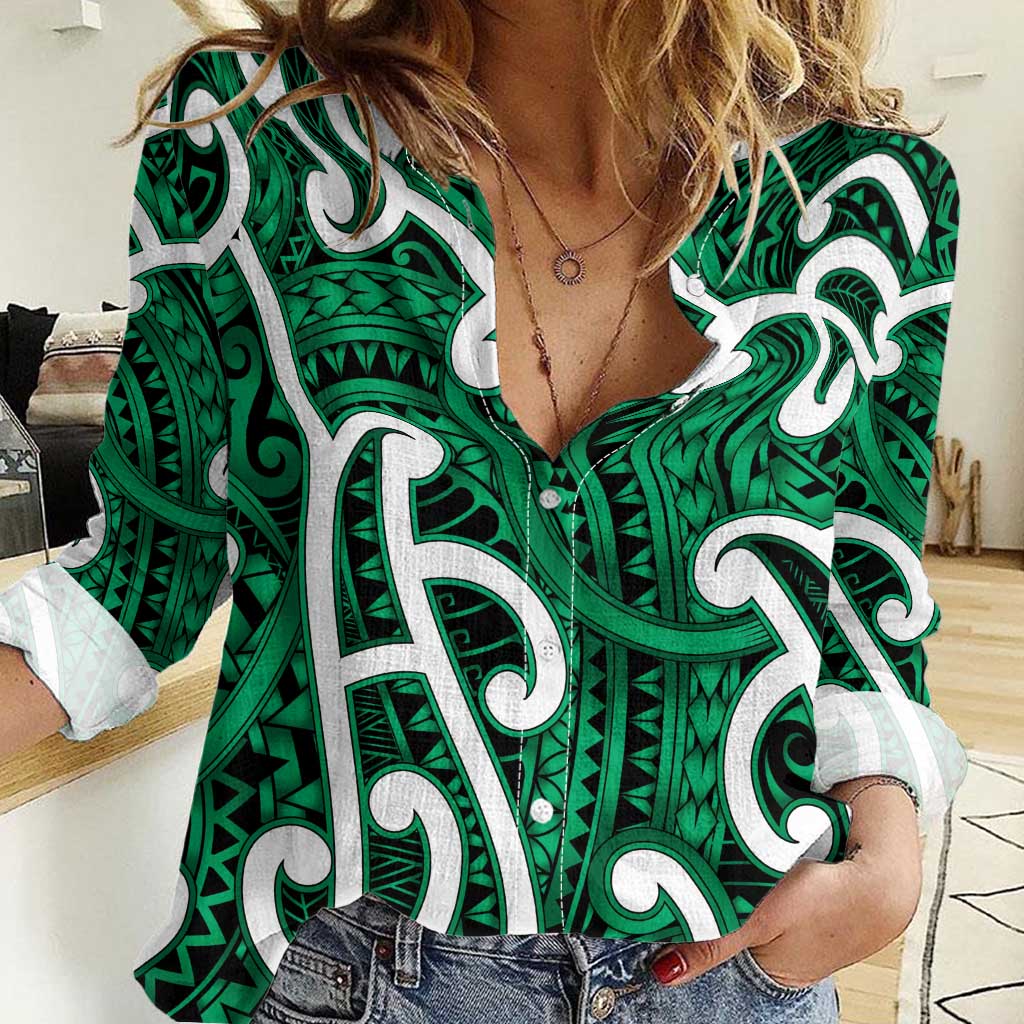 Aotearoa Maori Kowhaiwhai Women Casual Shirt Kakariki Puhoro and Patiki