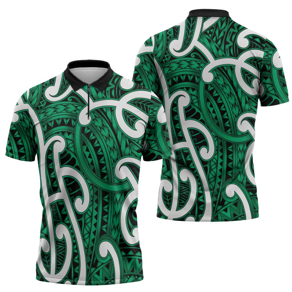 Aotearoa Maori Kowhaiwhai Zipper Polo Shirt Kakariki Puhoro and Patiki