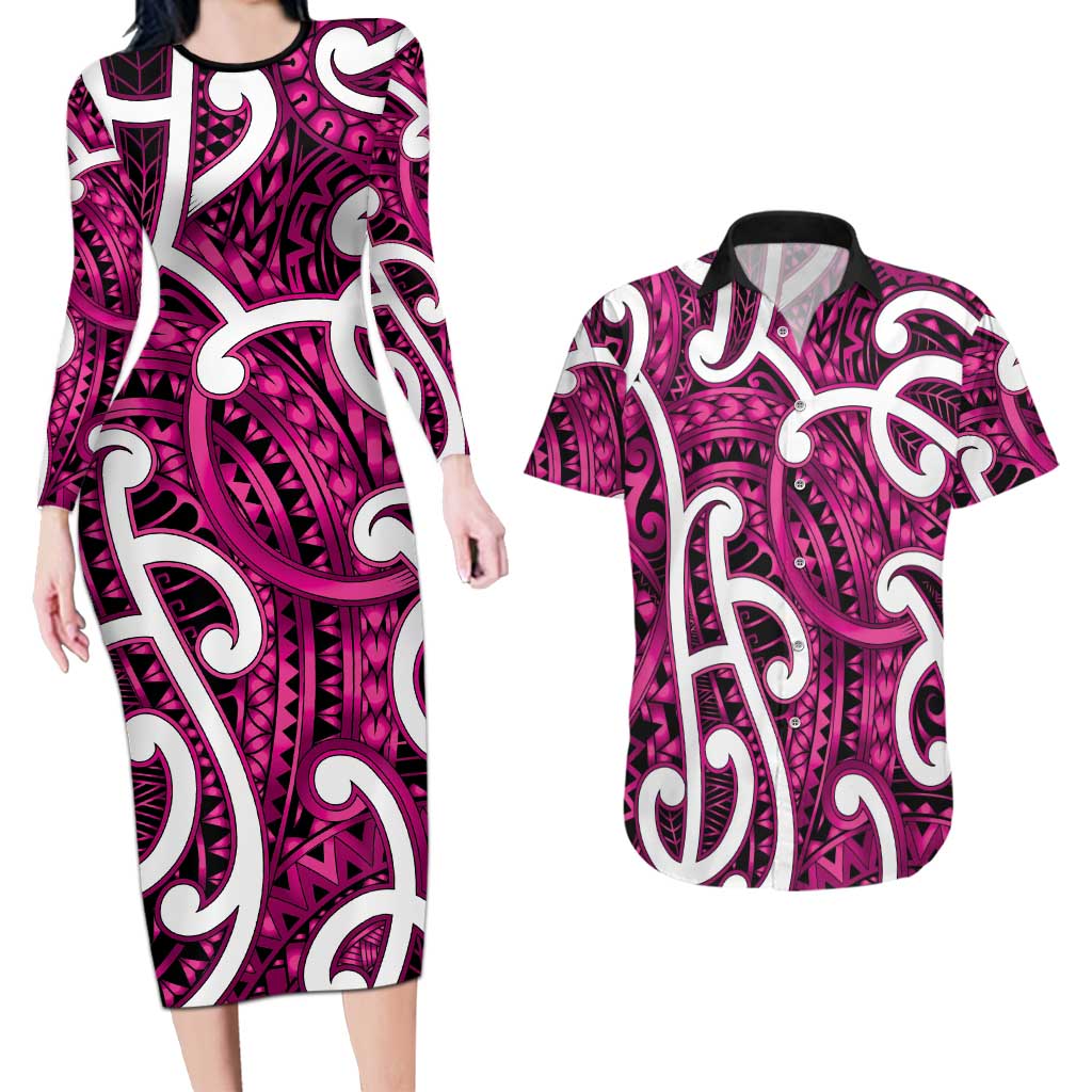 Aotearoa Maori Kowhaiwhai Couples Matching Long Sleeve Bodycon Dress and Hawaiian Shirt Mawhero Puhoro and Patiki