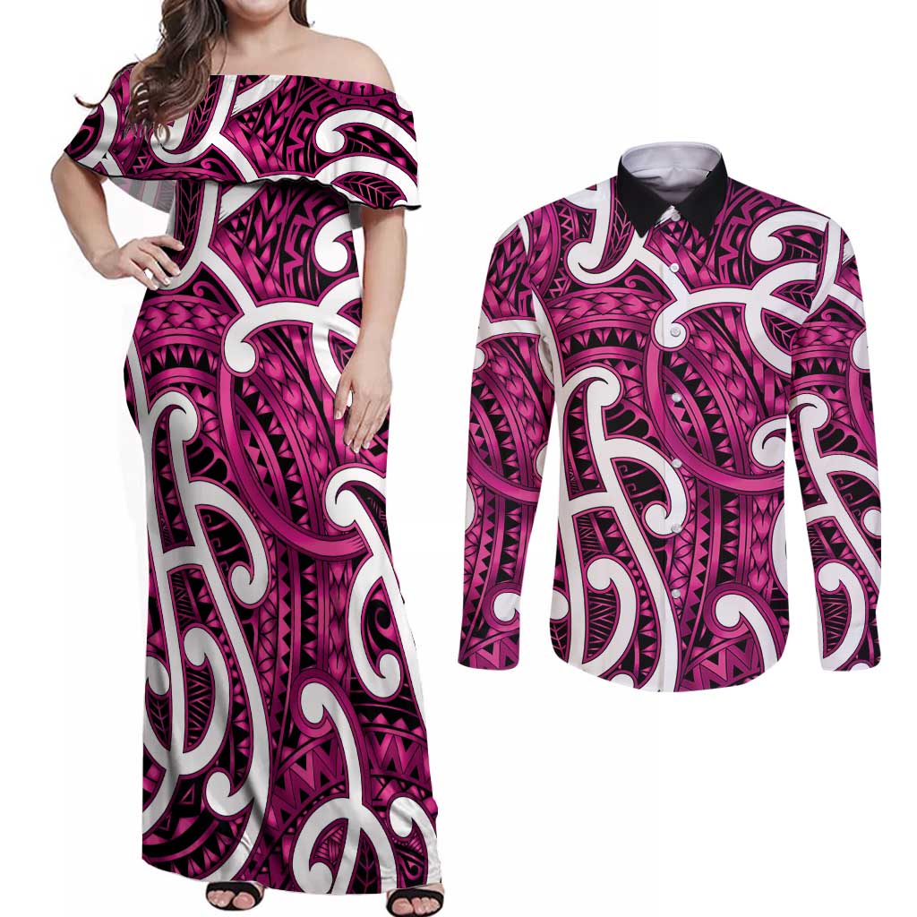 Aotearoa Maori Kowhaiwhai Couples Matching Off Shoulder Maxi Dress and Long Sleeve Button Shirt Mawhero Puhoro and Patiki