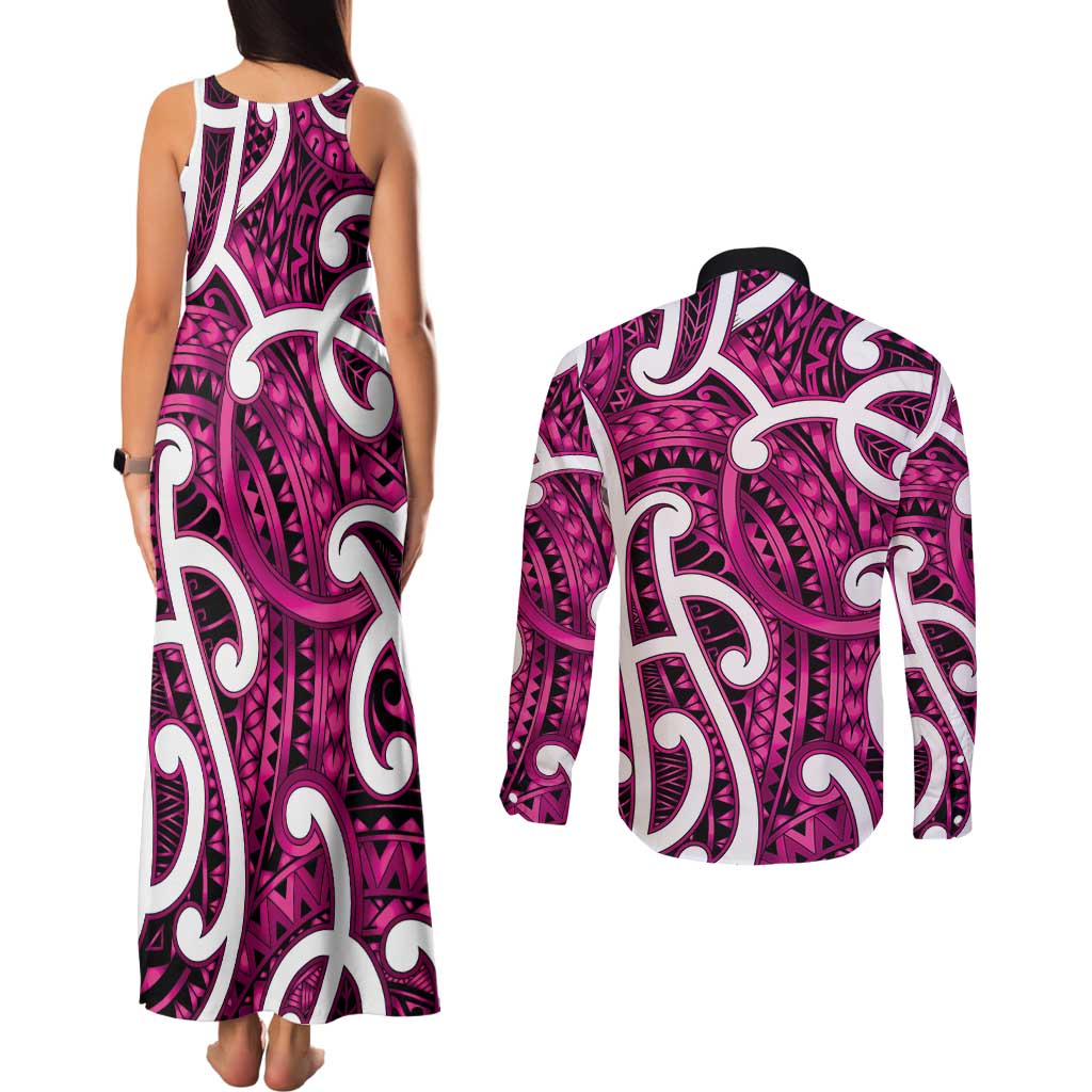 Aotearoa Maori Kowhaiwhai Couples Matching Tank Maxi Dress and Long Sleeve Button Shirt Mawhero Puhoro and Patiki