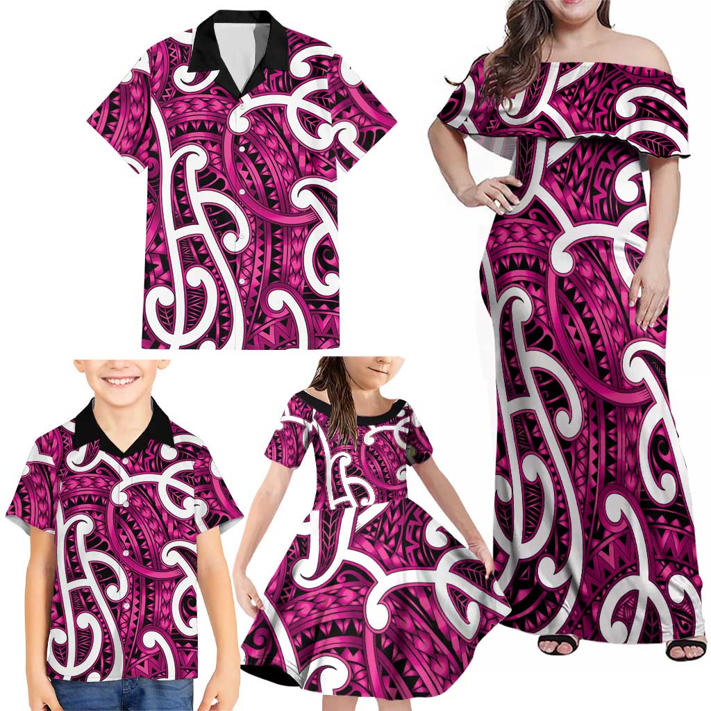 Aotearoa Maori Kowhaiwhai Family Matching Off Shoulder Maxi Dress and Hawaiian Shirt Mawhero Puhoro and Patiki