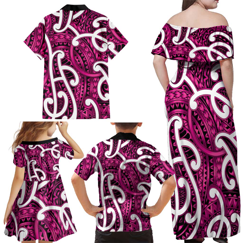 Aotearoa Maori Kowhaiwhai Family Matching Off Shoulder Maxi Dress and Hawaiian Shirt Mawhero Puhoro and Patiki